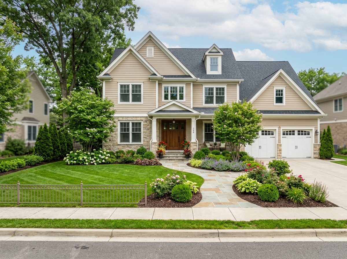 Illustration of a front yard with a stone walkway and layered plantings